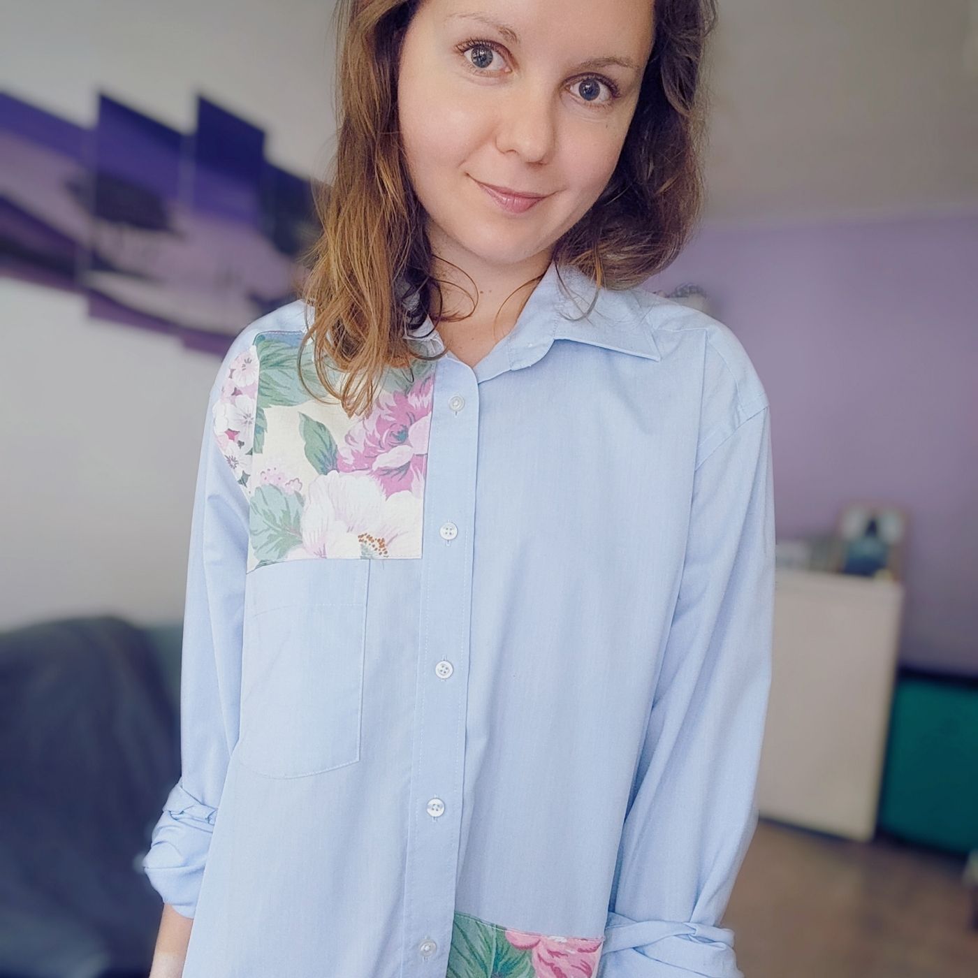 Koszula oversize, błękitna z kwiatami