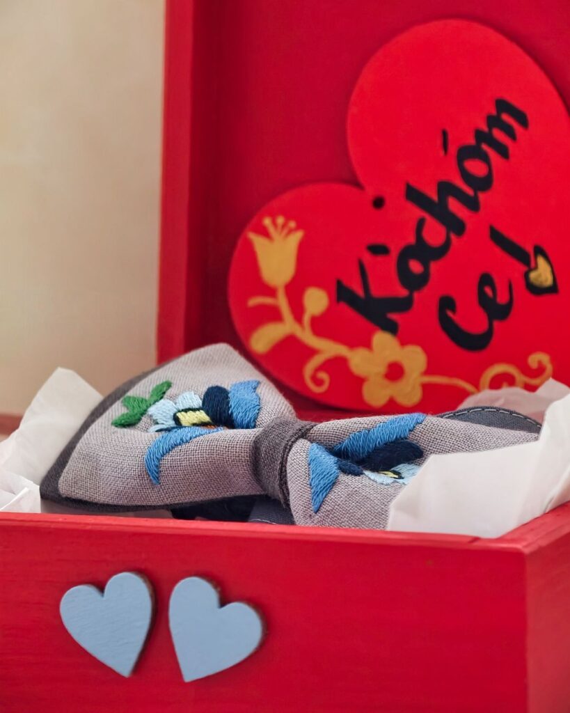 Haftowana muszka w pudełku